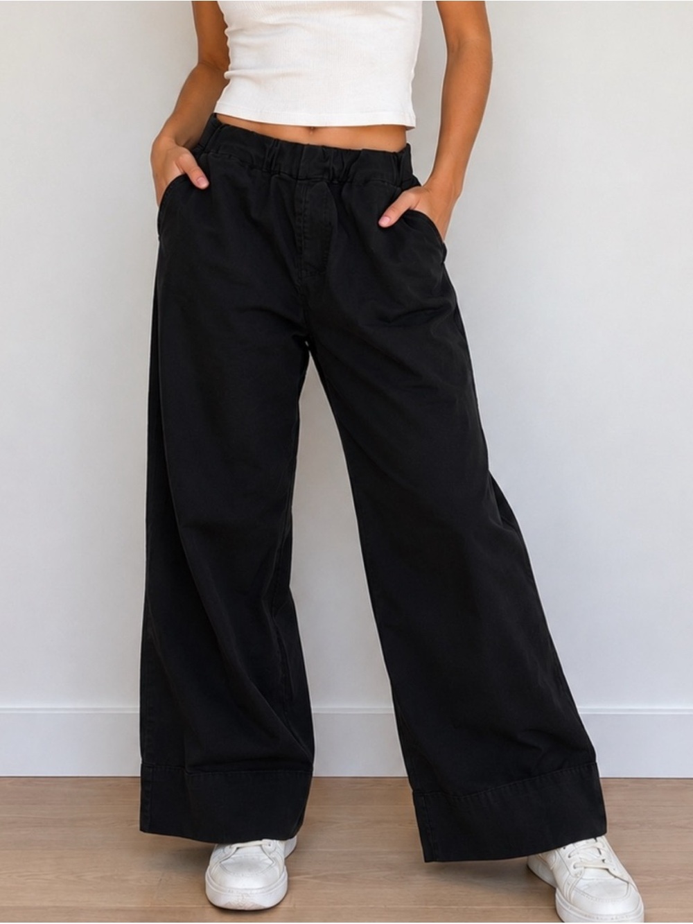 Everlane Black Wide Leg Pants Pull On Size Medium Work Office Career Cotton